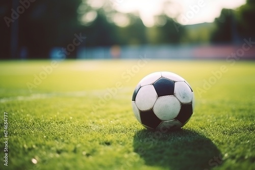 A soccer ball placed on a green field in a soccer stadium  ready for a game in front of the soccer goal