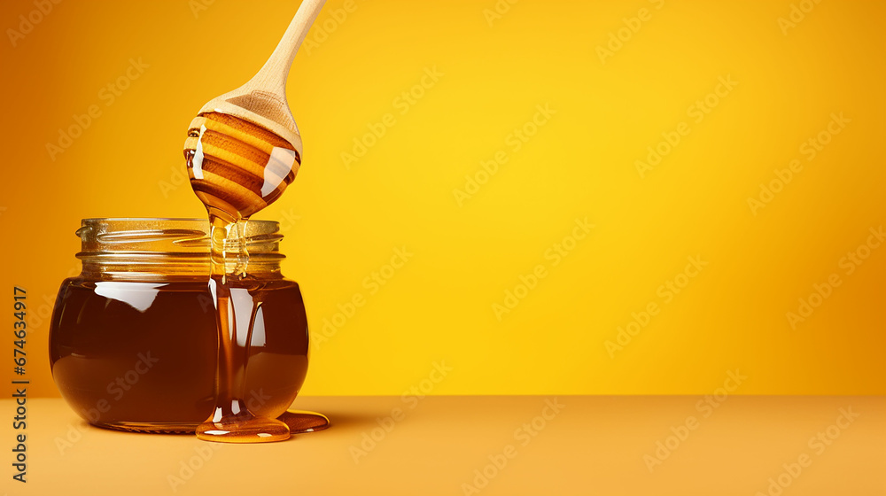 honey flowing from a wooden spoon on a yellow background with space for text. Made with generative ai - obrazy, fototapety, plakaty 