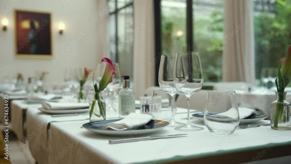 Served table with dishes in a hotel restaurant, slow motion Served table with dishes in a hotel restaurant, slow motion
