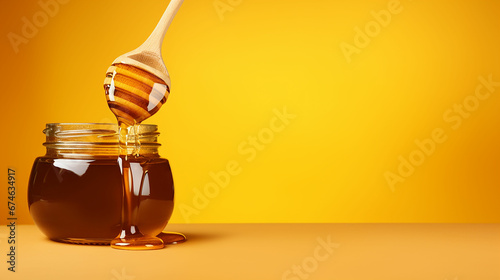 honey flowing from a wooden spoon on a yellow background with space for text. Made with generative ai photo