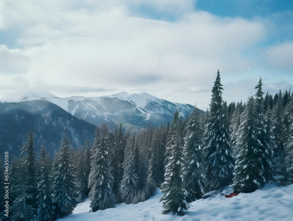 Pine trees on snow covered mountain Magical winter forest. Natural landscape with beautiful sky