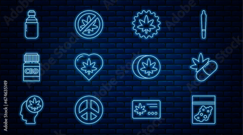 Set line Plastic bag of cannabis, Medical pills with marijuana, Marijuana or leaf, in heart, bottle, olive oil, Herbal ecstasy tablets and Stop icon. Vector