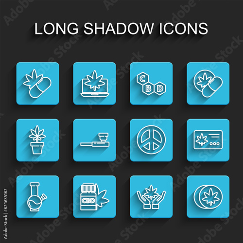 Set line Glass bong for smoking marijuana, Medical bottle with, pills, Marijuana cannabis leaf, Herbal ecstasy tablets, Smoking pipe, Calendar and and Peace icon. Vector