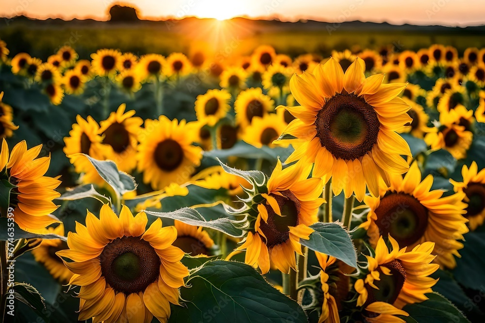 A vibrant bouquet of sunflowers illuminated by the golden rays of the setting sun