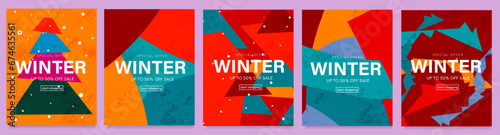 Winter Sale 2024 Year. Christmas and New Year Greeting cards. Modern Abstract Geometric Design for Advertising, Web, Social Media, Banner, Cover. Special Offer of 50% Off. Vector Illustration.
