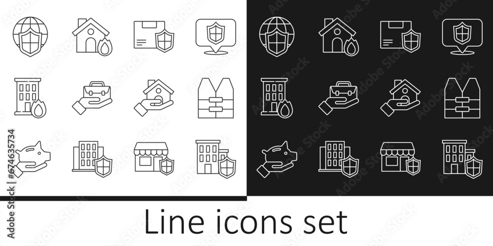 Set line House with shield, Life jacket, Delivery security, Hand holding briefcase, Fire burning house, Shield world globe, insurance and icon. Vector