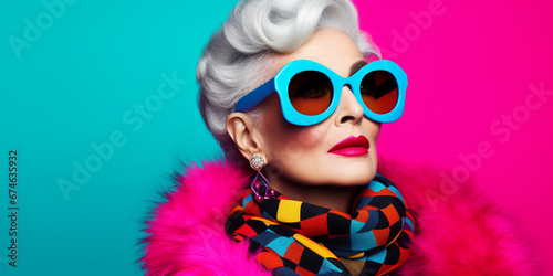 Cool Fashionable Older Women. DJ girl in neon colorful trendy jacket and vintage retro sunglasses, style of 80s, 90s vibes, pop art, op art, disco party. Iconic fashion model.