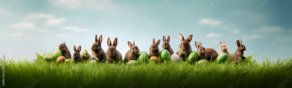 plein de lapins de pâques sur de l'herbe verte, œufs de pâques, ciel bleu - illustration