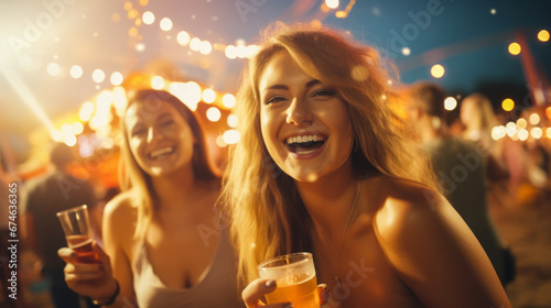 Cheerful women having fun at a beach party, drinking beer or cocktails. Beautiful girlfriends at a festival in the evening under the bright lights of garlands. Vacation concept.