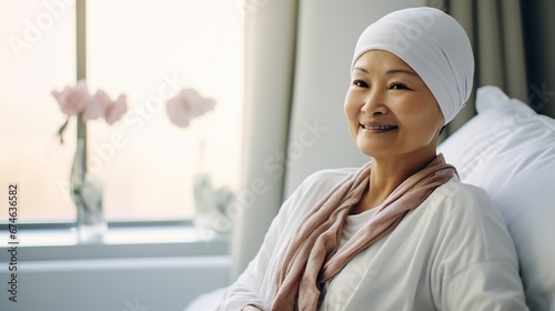 Portrait of the patient woman after chemotherapy female cancer patient wearing head scarf 