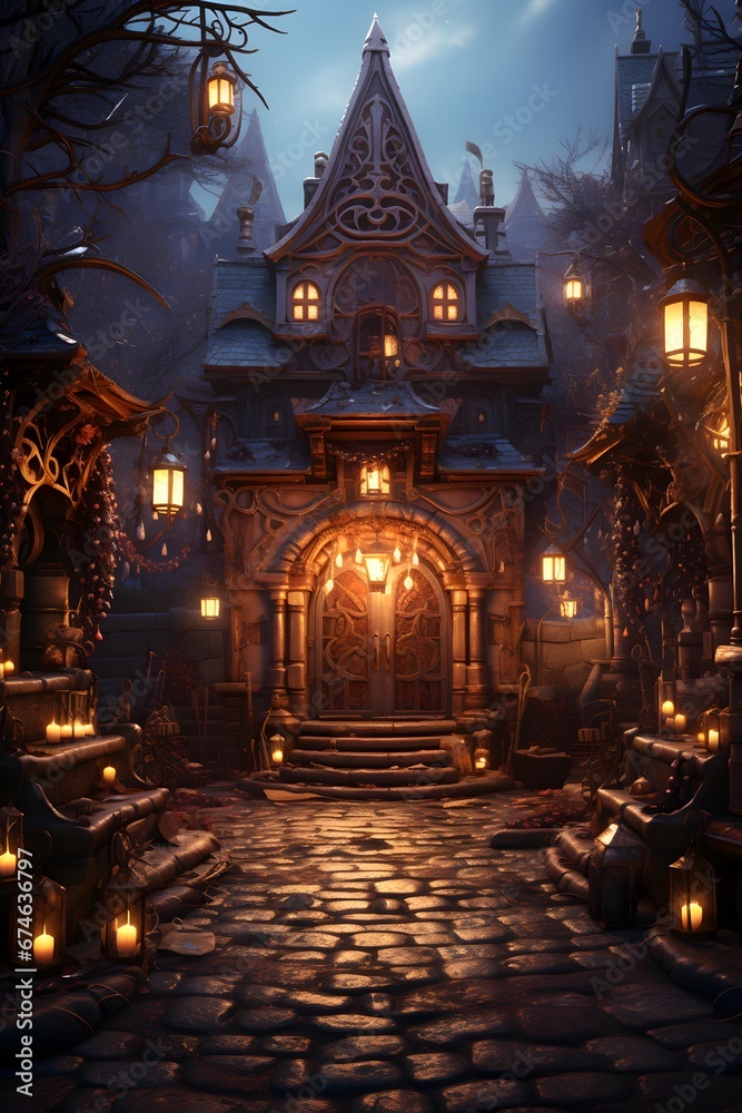 Mystical Halloween background. Magical castle in the night. 3D rendering
