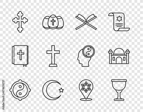 Set line Yin Yang, Holy grail or chalice, book of Koran, Star and crescent, Christian cross, David and Muslim Mosque icon. Vector