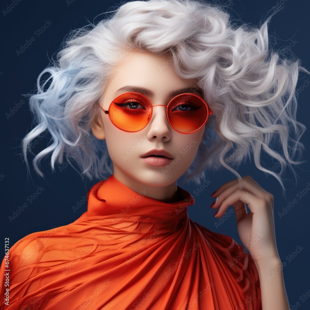 Fototapeta premium Close-up photo portrait of a beautiful charming woman in bright, beautiful clothes. Style, beauty and fashion concept