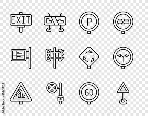 Set line Warning road sign, Triangle warning blank, Parking, Stop with camera, Fire exit, Traffic light, Speed limit traffic and Fork the icon. Vector photo