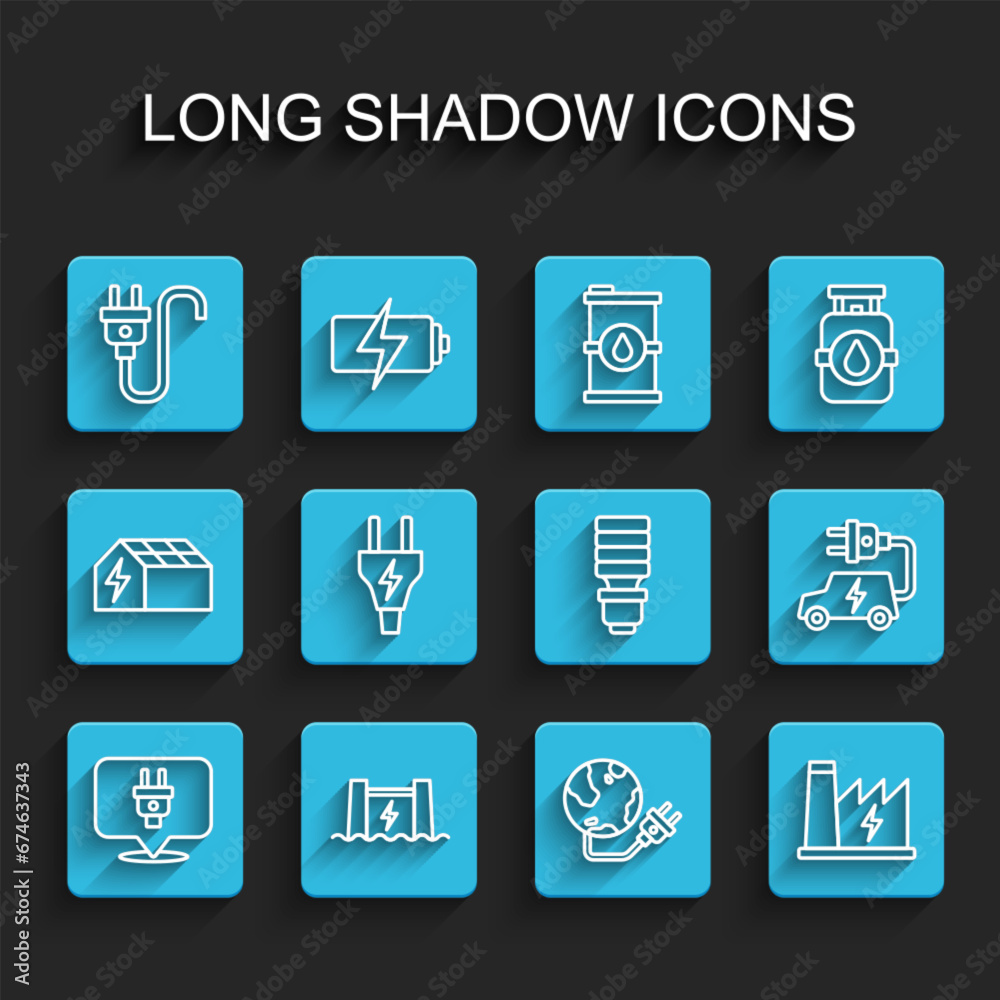 Set line Electric plug, Hydroelectric dam, Global energy power planet, Nuclear plant, car and LED light bulb icon. Vector Set line Electric plug, Hydroelectric dam, Global energy power planet, Nuclear plant, car and LED light bulb icon. Vector