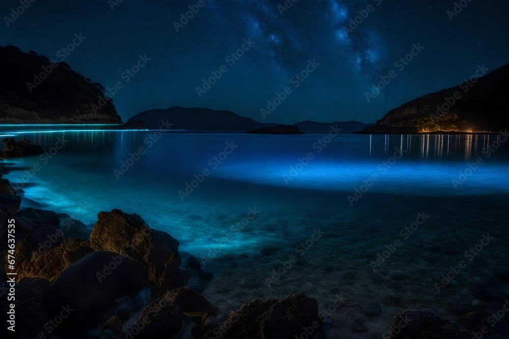 An exotic, bioluminescent bay at night, with water glowing with a mysterious blue ligh An exotic, bioluminescent bay at night, with water glowing with a mysterious blue ligh