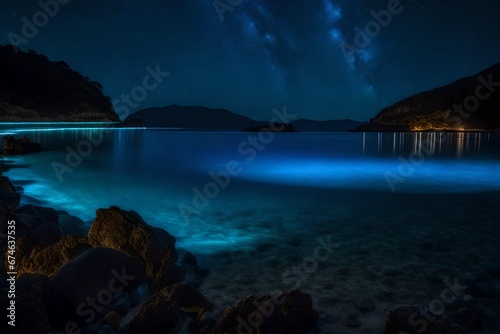 An exotic, bioluminescent bay at night, with water glowing with a mysterious blue ligh