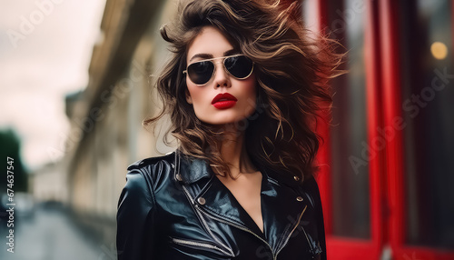 Portrait of a young woman in a leather jacket and glasses against the background of the city