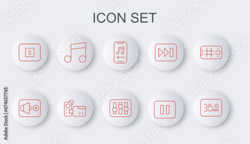 Set line Audio jack, Speaker volume, Music player, Pause button, Stop media, note, tone, Cinema camera and Sound mixer controller icon. Vector