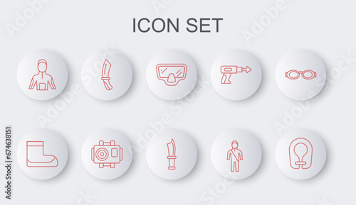 Set line Life jacket, Boots, Diving mask, Wetsuit for scuba diving, knife, Photo camera diver and icon. Vector
