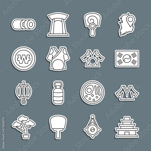 Set line Korean temple, Kimono, South flag, hand fan, won coin, Sushi and icon. Vector
