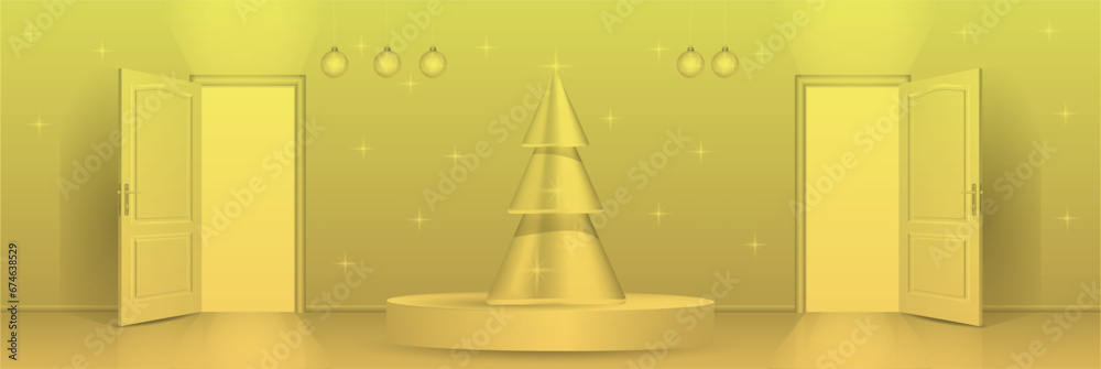 The interior of an empty golden room with an open door, and a Christmas tree.
Free space for copying, 3d image.
The interior of an empty golden room with an open door, and a Christmas tree.
Free space for copying, 3d image.