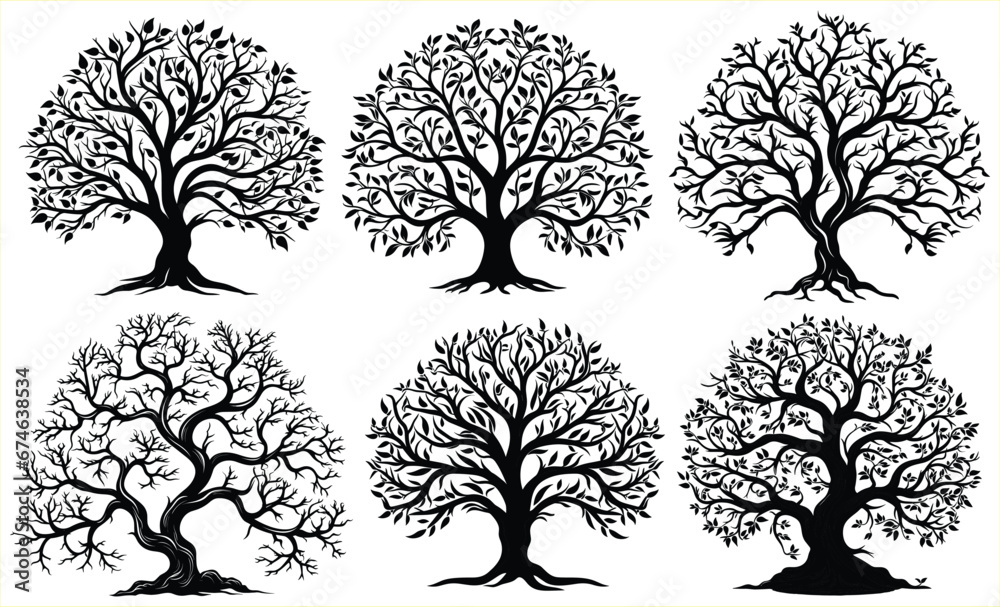 Tree silhouettes various trees on white background, Tree Brunch Silhouettes - obrazy, fototapety, plakaty 
