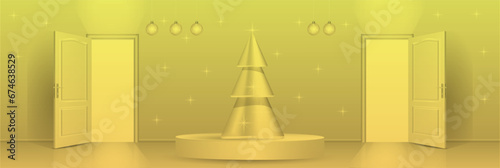 The interior of an empty golden room with an open door, and a Christmas tree.
Free space for copying, 3d image.

