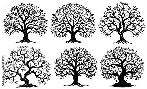 Tree silhouettes various trees on white background, Tree Brunch Silhouettes