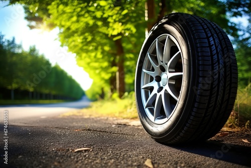 Summer tires on an asphalt road under the sun