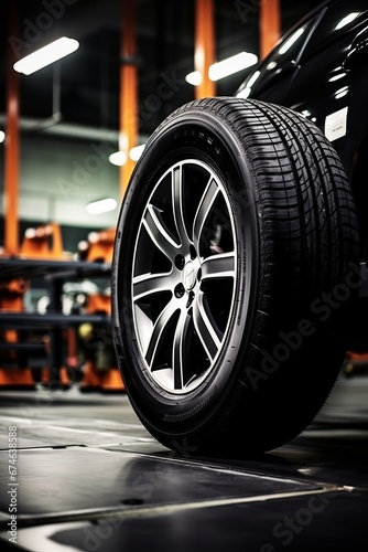 A tire present at an automotive repair shop, with a service garage background © Emanuel