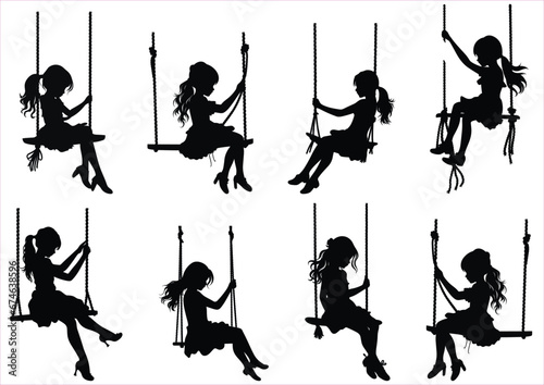 Children playing with dogs and swinging, The girl is swinging with a swing made of rope ‍Silhouette, Women swinging on the swing silhouettes set