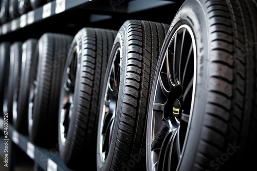 Tires available for sale at a tire store, depicted photographically