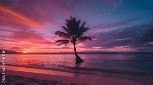Palm tree on the beach at sunset. Long exposure. Panorama