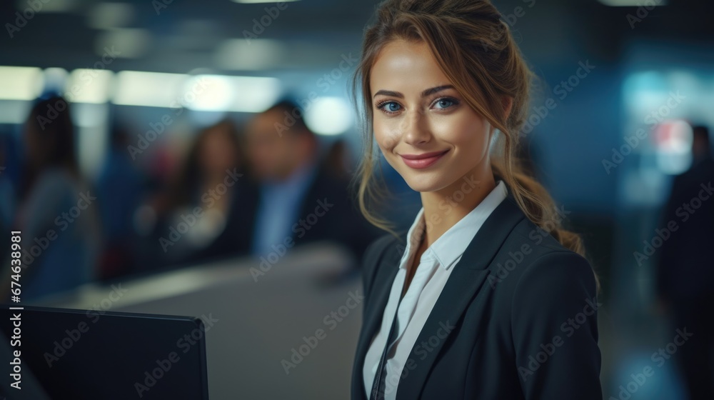 Photo of a beautiful smiling airport employee at the passenger check-in counter. Photo of a beautiful smiling airport employee at the passenger check-in counter.