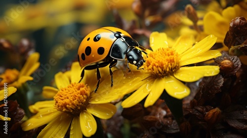 Bug ladybug made black leather sitting on a yellow flower