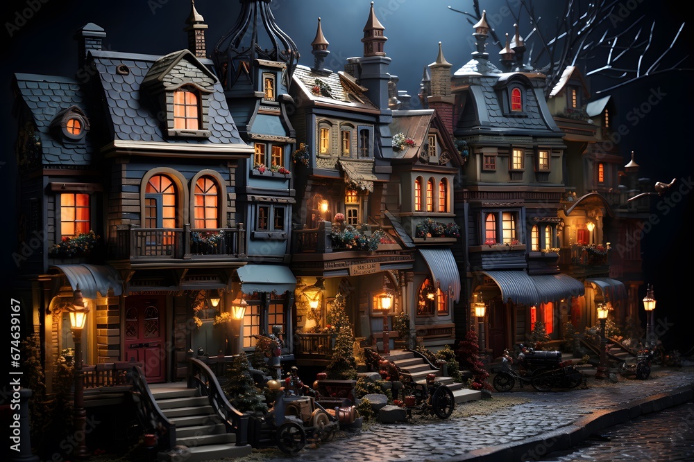 Winter city at night with houses and snowflakes, 3d illustration
