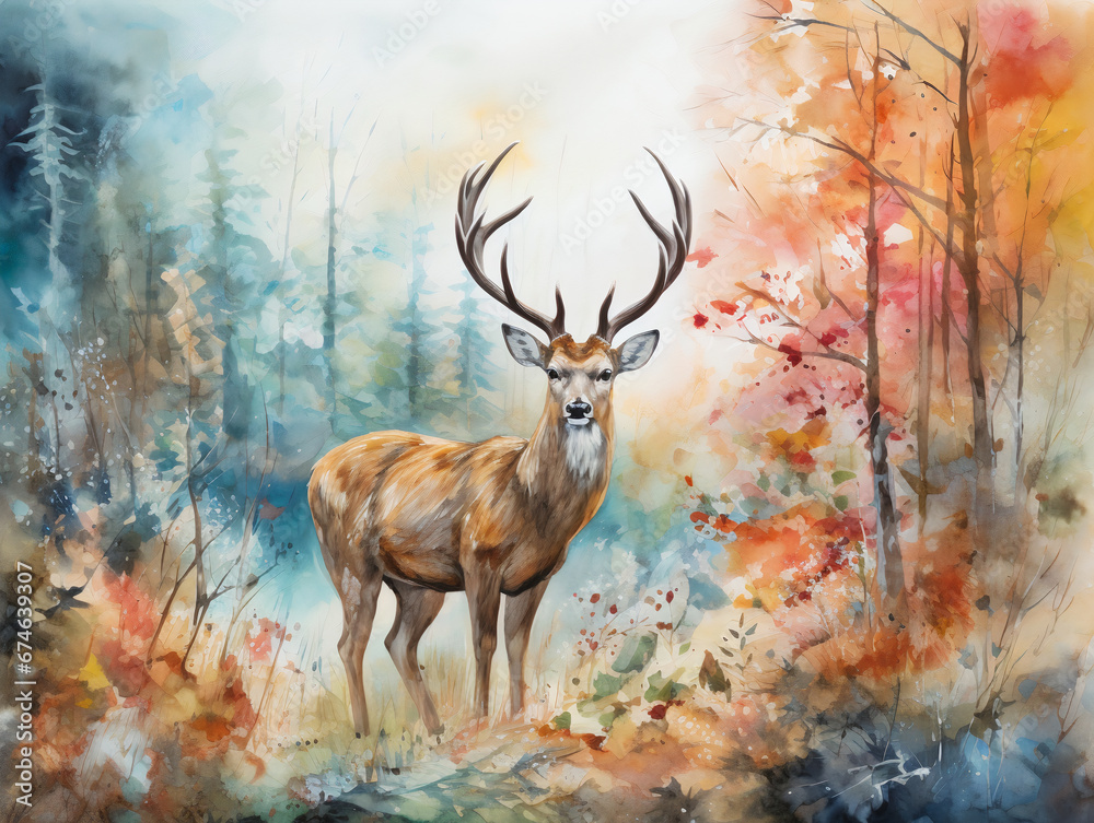 A deer in autumn forest calm and peacful in watercolor and acrylic style