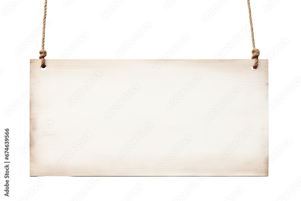 White wooden sign hanging from a rope, cut out White wooden sign hanging from a rope, cut out