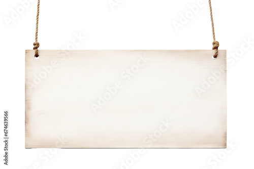 White wooden sign hanging from a rope, cut out