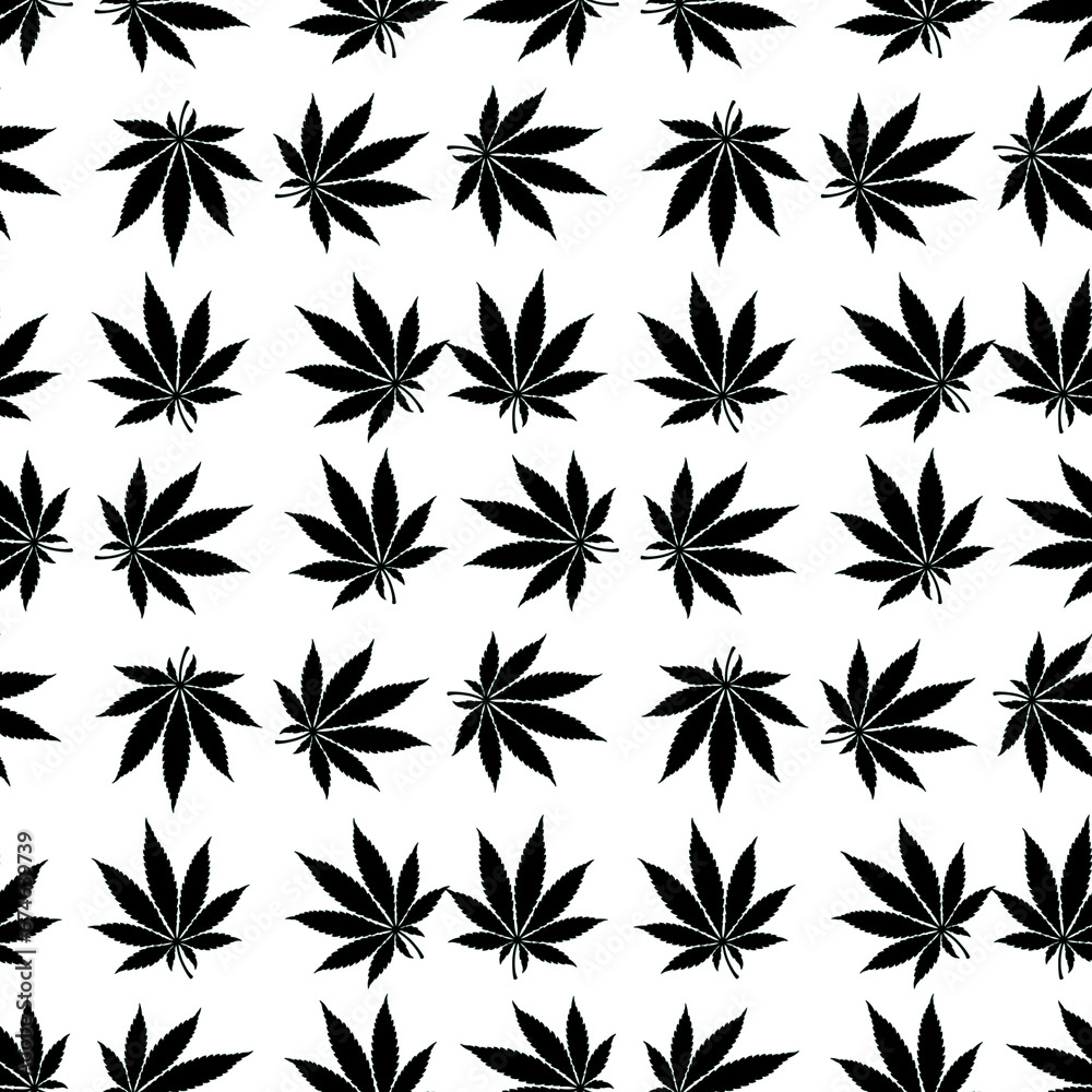 Cannabis black leaves illustration seamless texture pattern. Marijuana leaf background design template art blank.