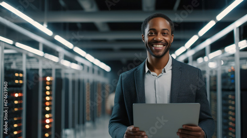 Portrait of Black Man with digital tablet. Internet Security Concept. Data Cloud Protection Network, Server Room backdrop, Ai Generative photo