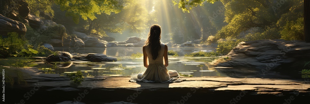 Kobieta w białej sukience medytująca nad stawem w azjatyckim ogrodzie.  - obrazy, fototapety, plakaty 