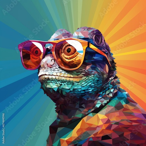 chameleon wearing sunglasses on a solid color background, art, digital art, faceted, minimal, abstract, panorama background