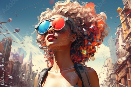 Nowoczesna dziewczyna w kolorowych okularach w futurystycznym mieście. 
