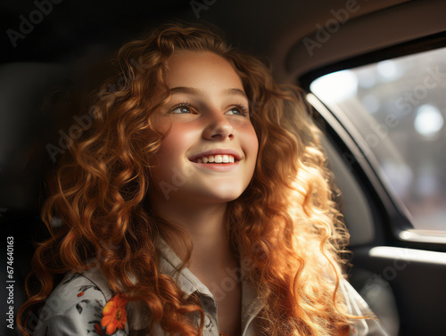 Modern kid with stylish hair in a car travelling home. Beautiful intelligent happy smiling girl, teenager, window in public transport. Ai generative. © ImageFlow