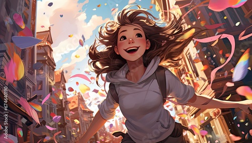 Wesoła dziewczynka biegnąca przez miasto podczas festiwalu. Grafika kreskówka w stylu anime. 