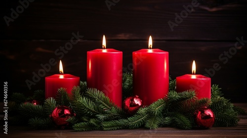 Advent Candles Burning in Red Wreath - Traditional Christmas Symbolism