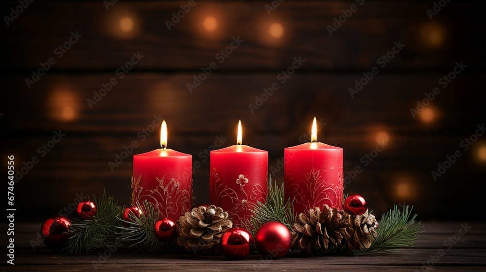 Advent Candles Burning in Red Wreath - Traditional Christmas Symbolism Advent Candles Burning in Red Wreath - Traditional Christmas Symbolism
