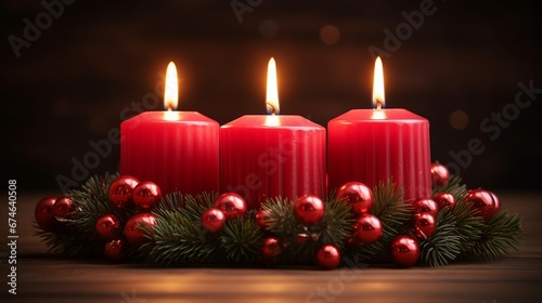 Advent Candles Burning in Red Wreath - Traditional Christmas Symbolism